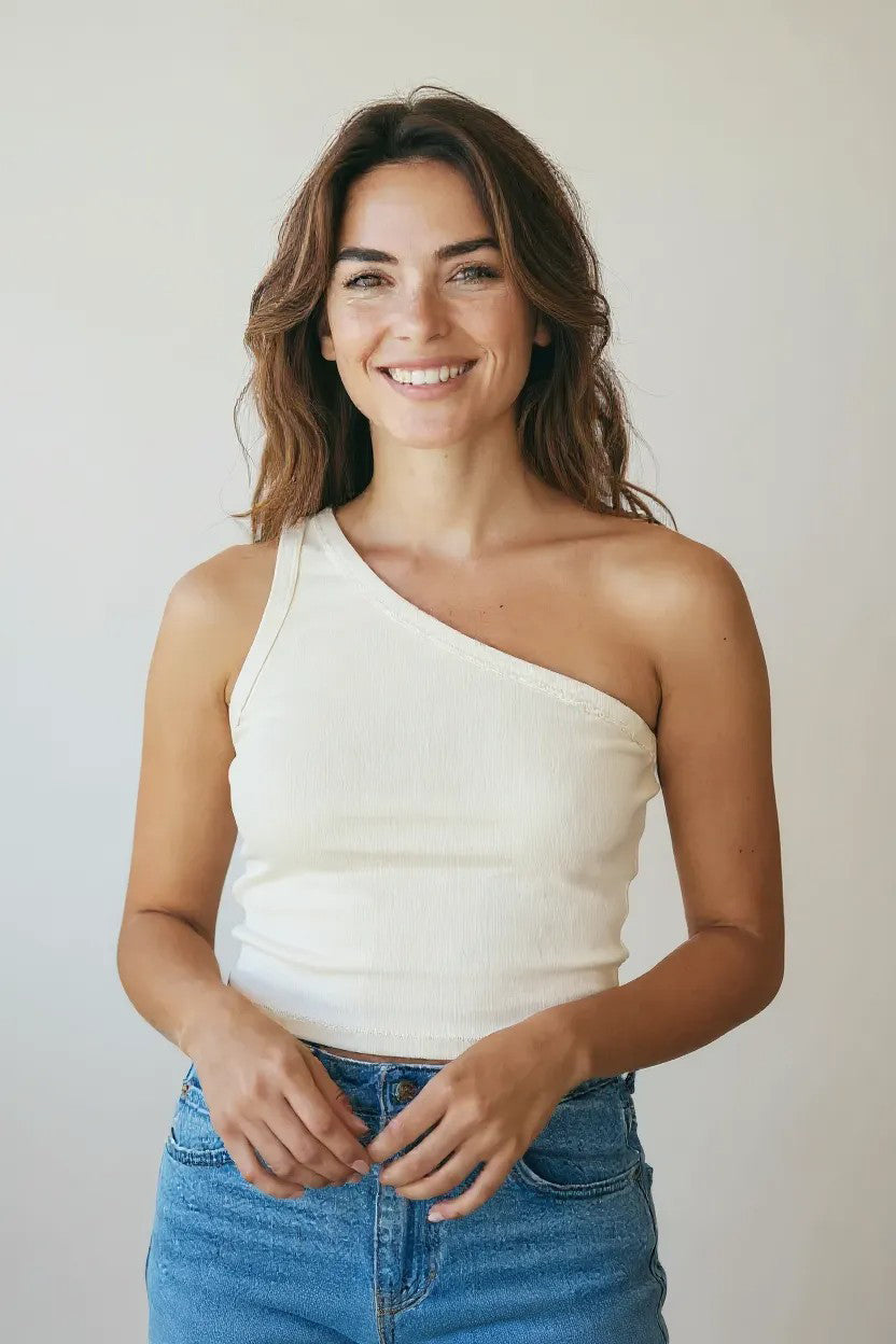 Blusa Canelada Um Ombro Só Off-White